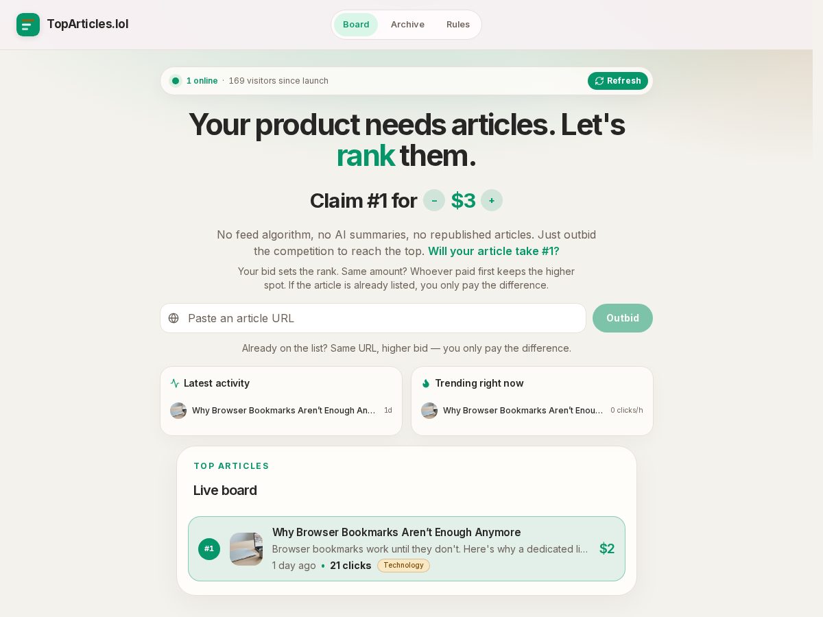 Landing-page snapshot of toparticles.lol