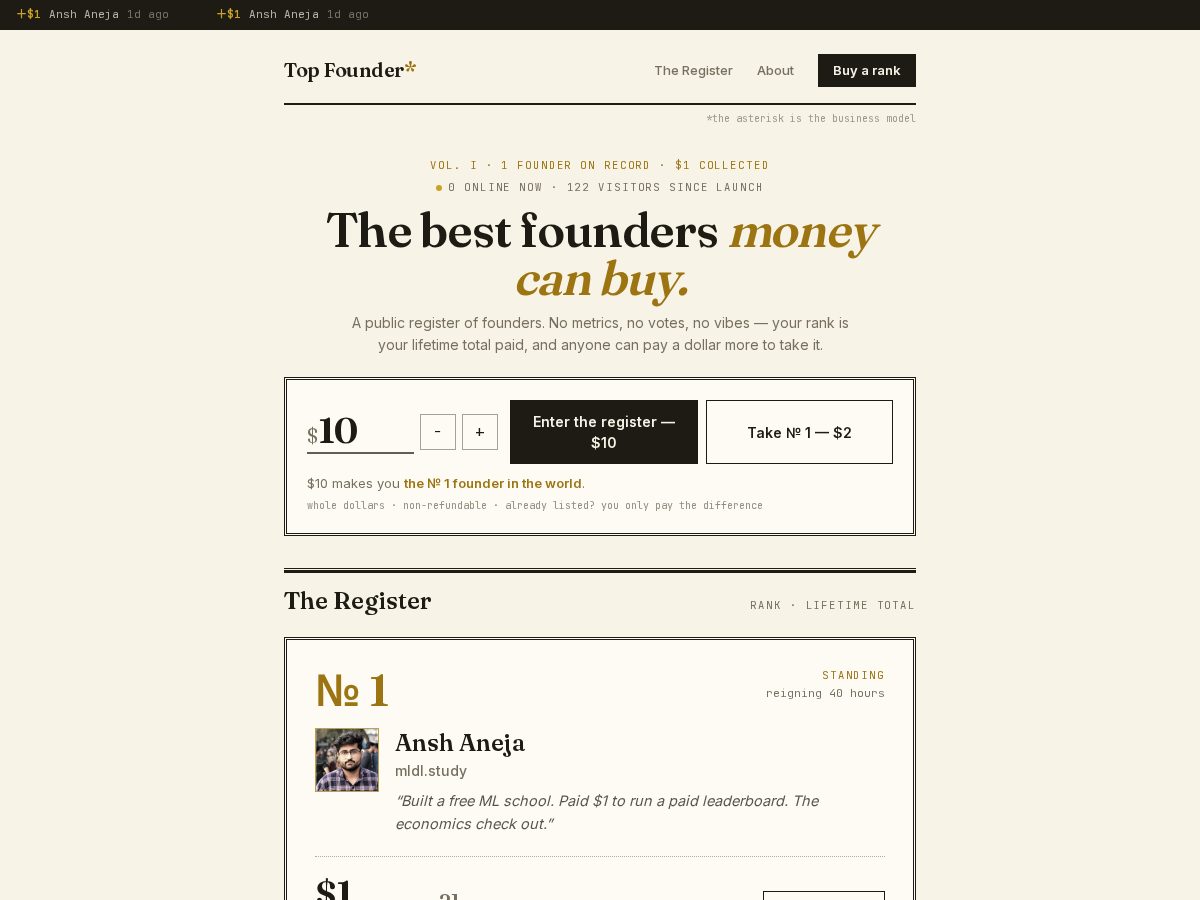Landing-page snapshot of topfounder.lol