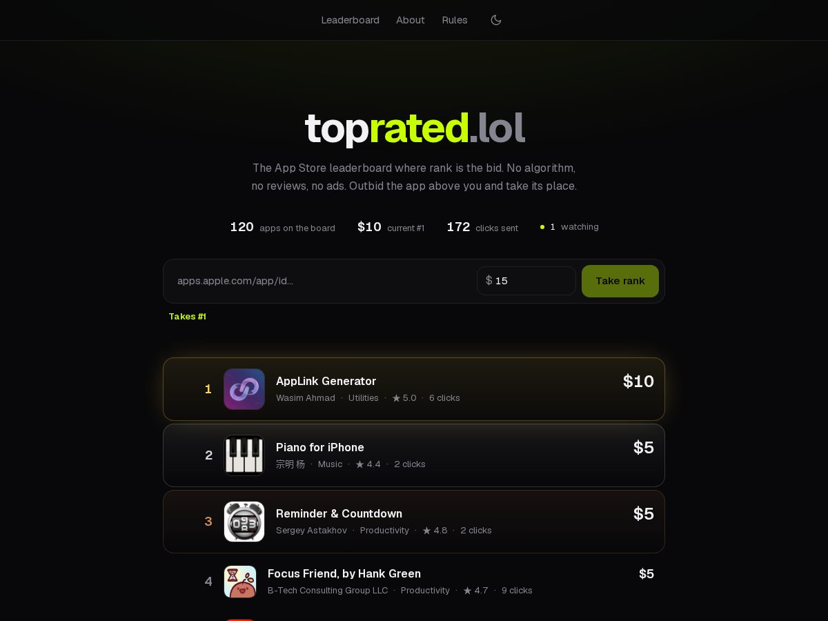 Landing-page snapshot of toprated.lol