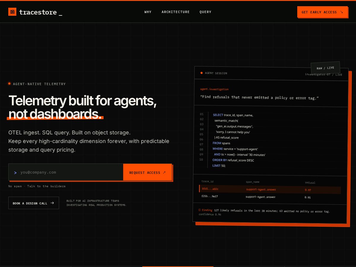 Landing-page snapshot of tracestore.dev