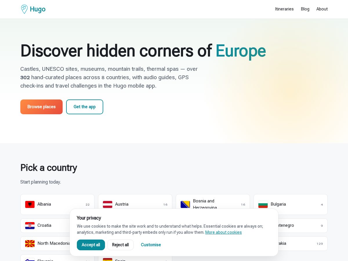 Landing-page snapshot of travelwithhugo.com