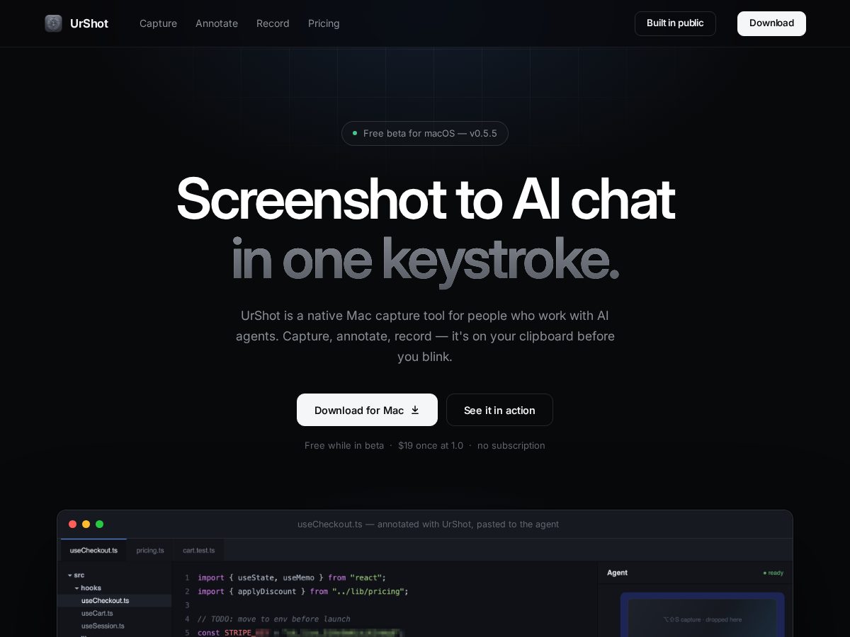Landing-page snapshot of urshot.app