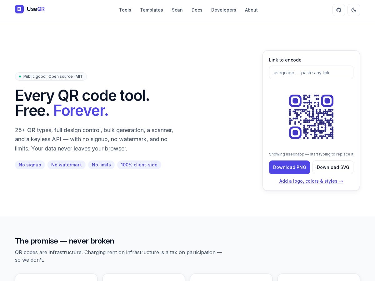 Landing-page snapshot of useqr.app