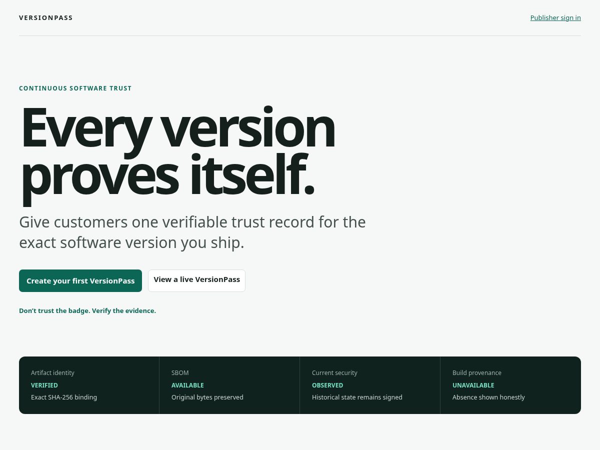 Landing-page snapshot of versionpass.dev