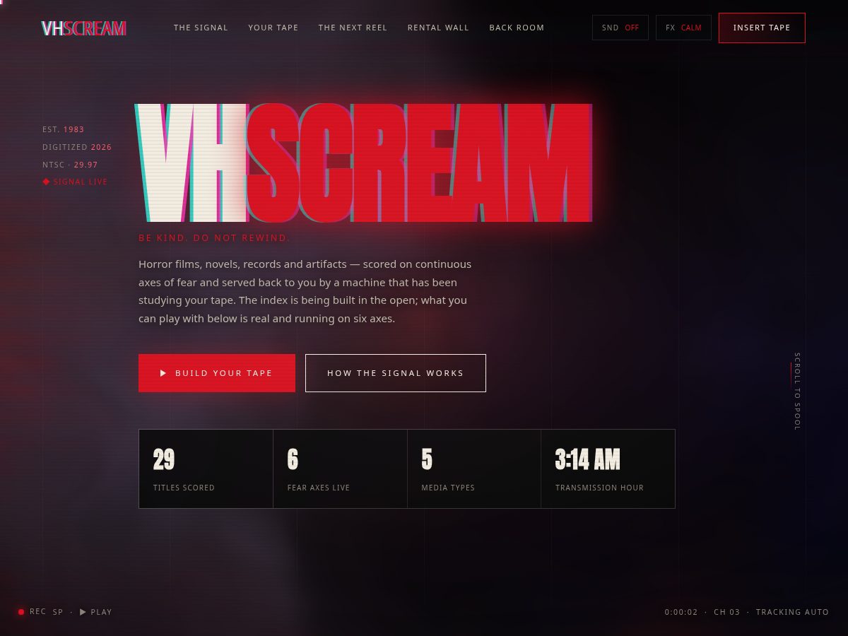 Landing-page snapshot of vhscream.com