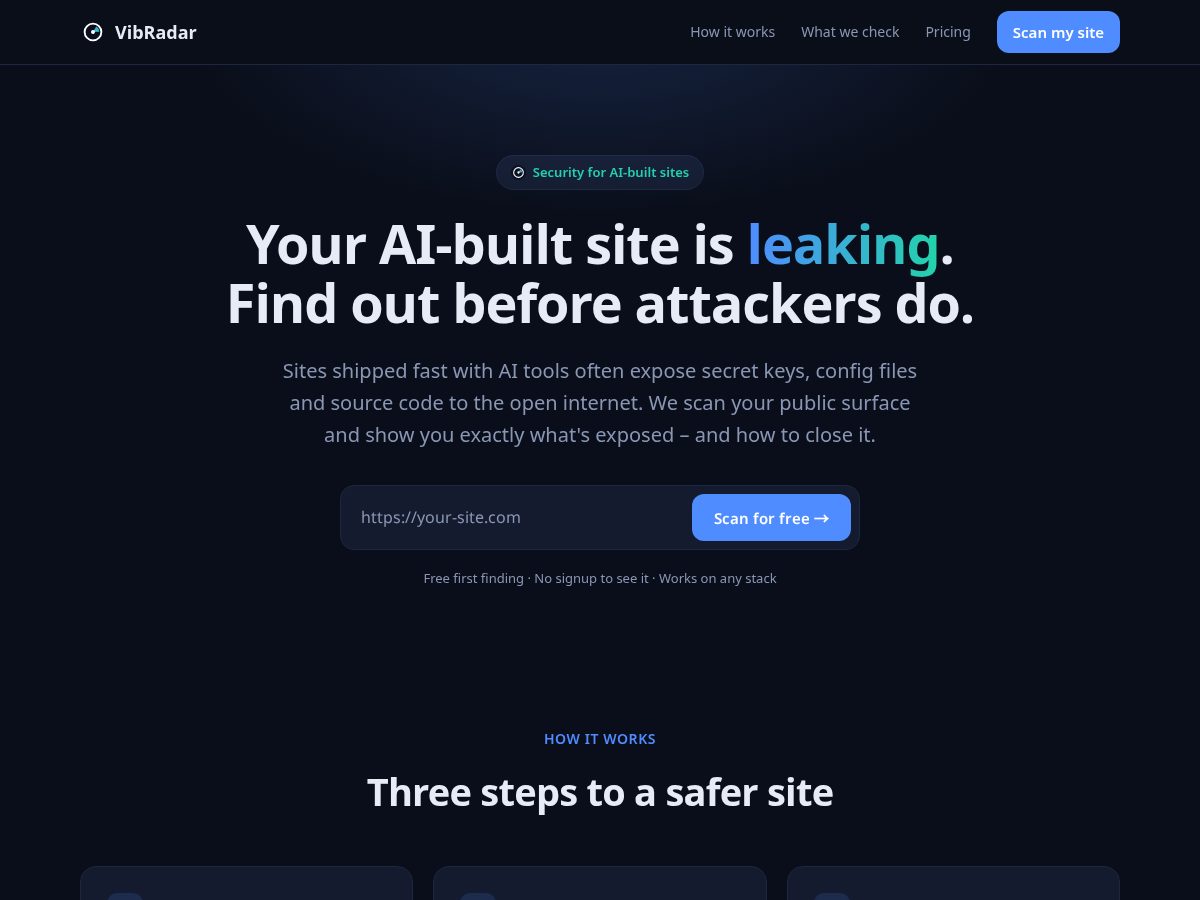 Landing-page snapshot of vibradarsecurity.com