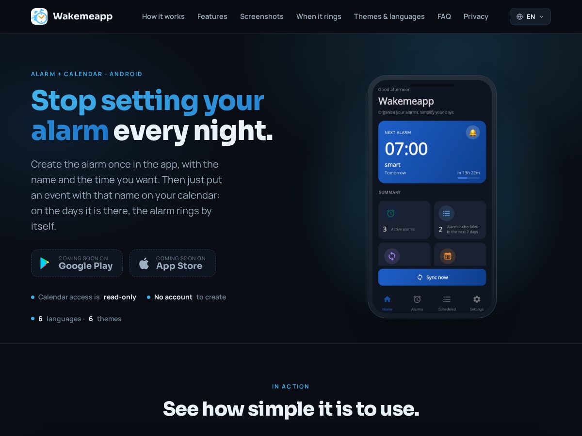 Landing-page snapshot of wakemeapp.app