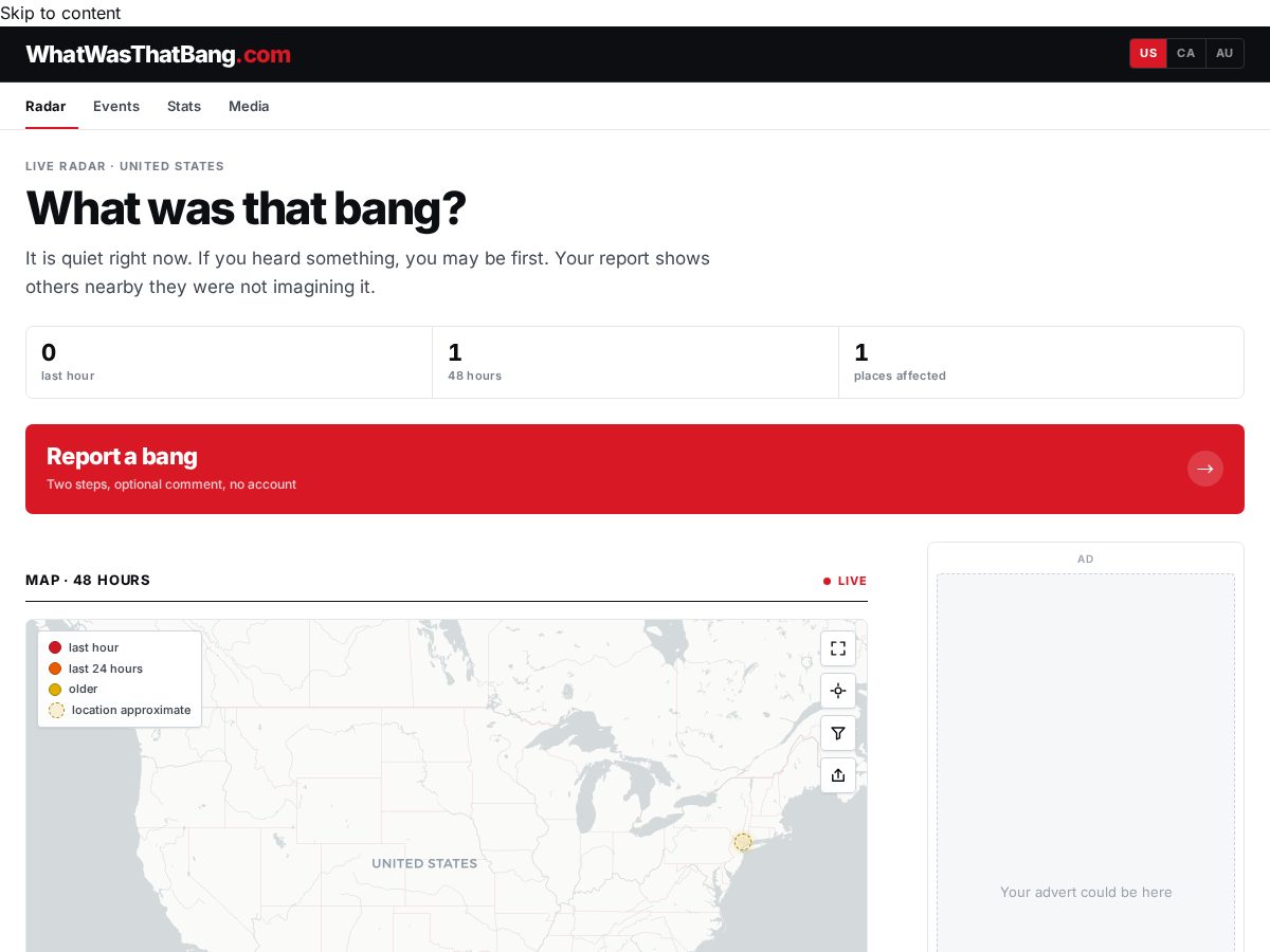 Landing-page snapshot of whatwasthatbang.com