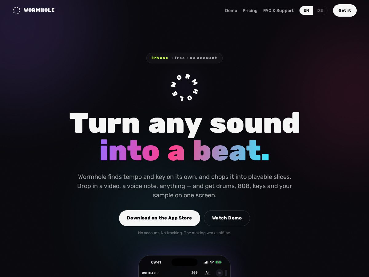 Landing-page snapshot of wormholeaudio.space