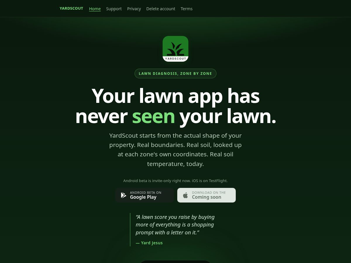 Landing-page snapshot of yardscoutlawn.com