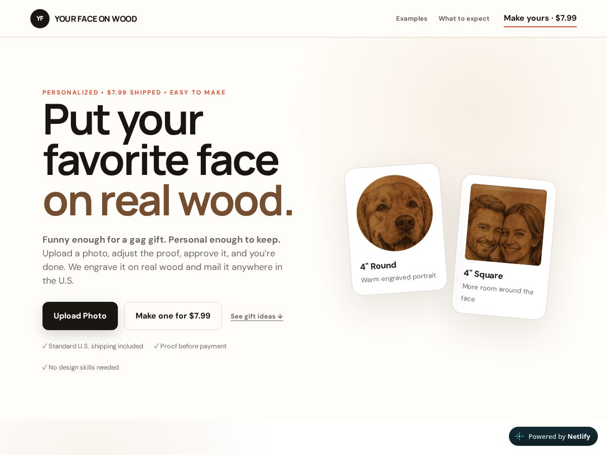 Landing-page snapshot of yourfaceonwood.com