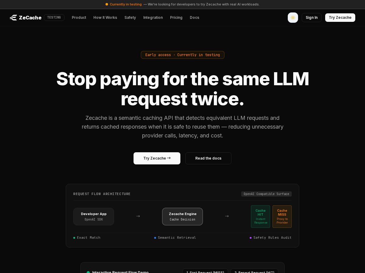 Landing-page snapshot of zecache.com