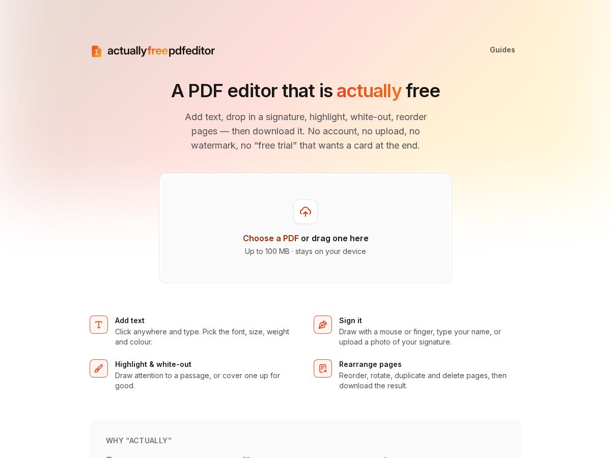 Landing-page snapshot of actuallyfreepdfeditor.com