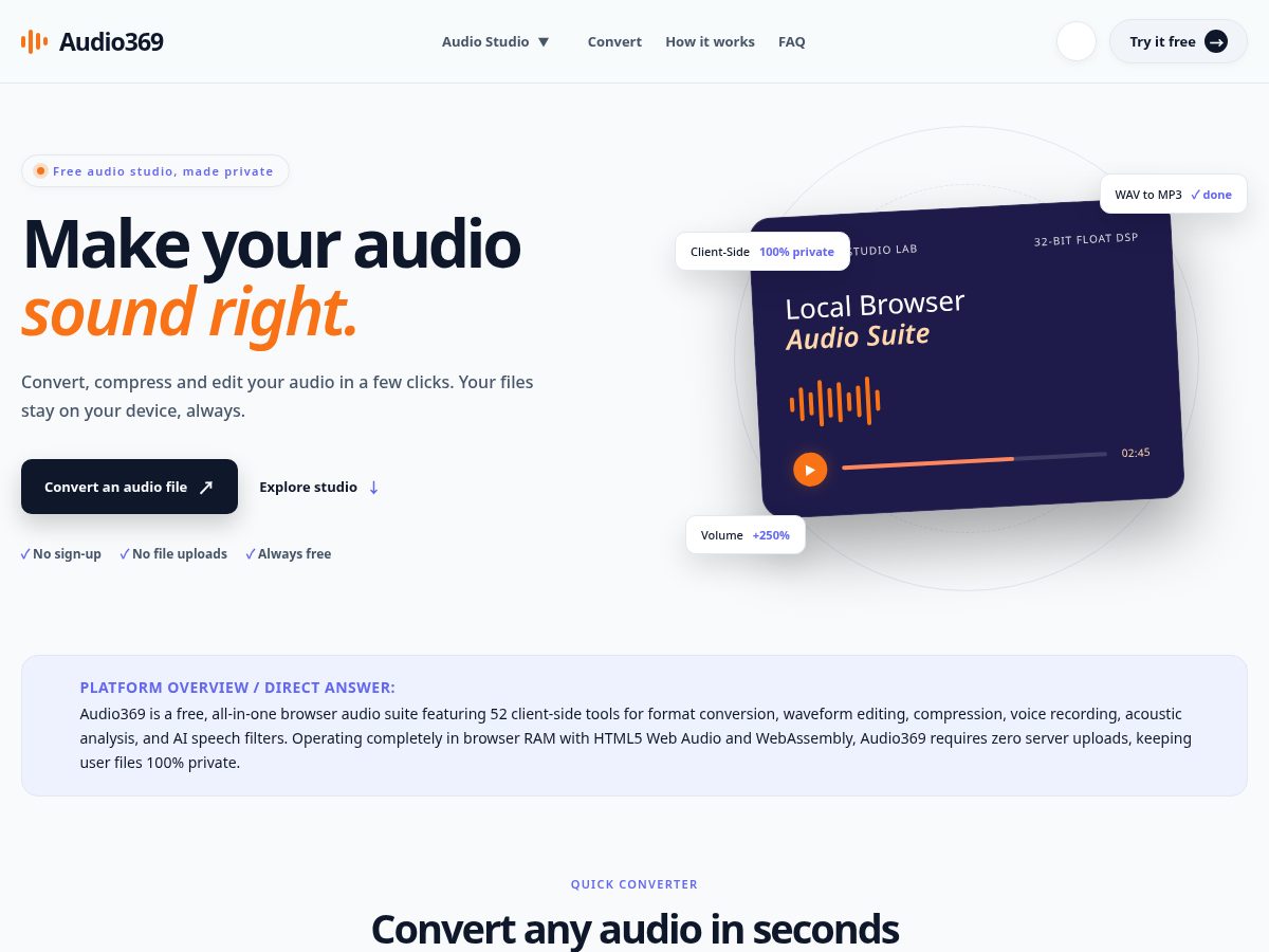 Landing-page snapshot of audio369.com