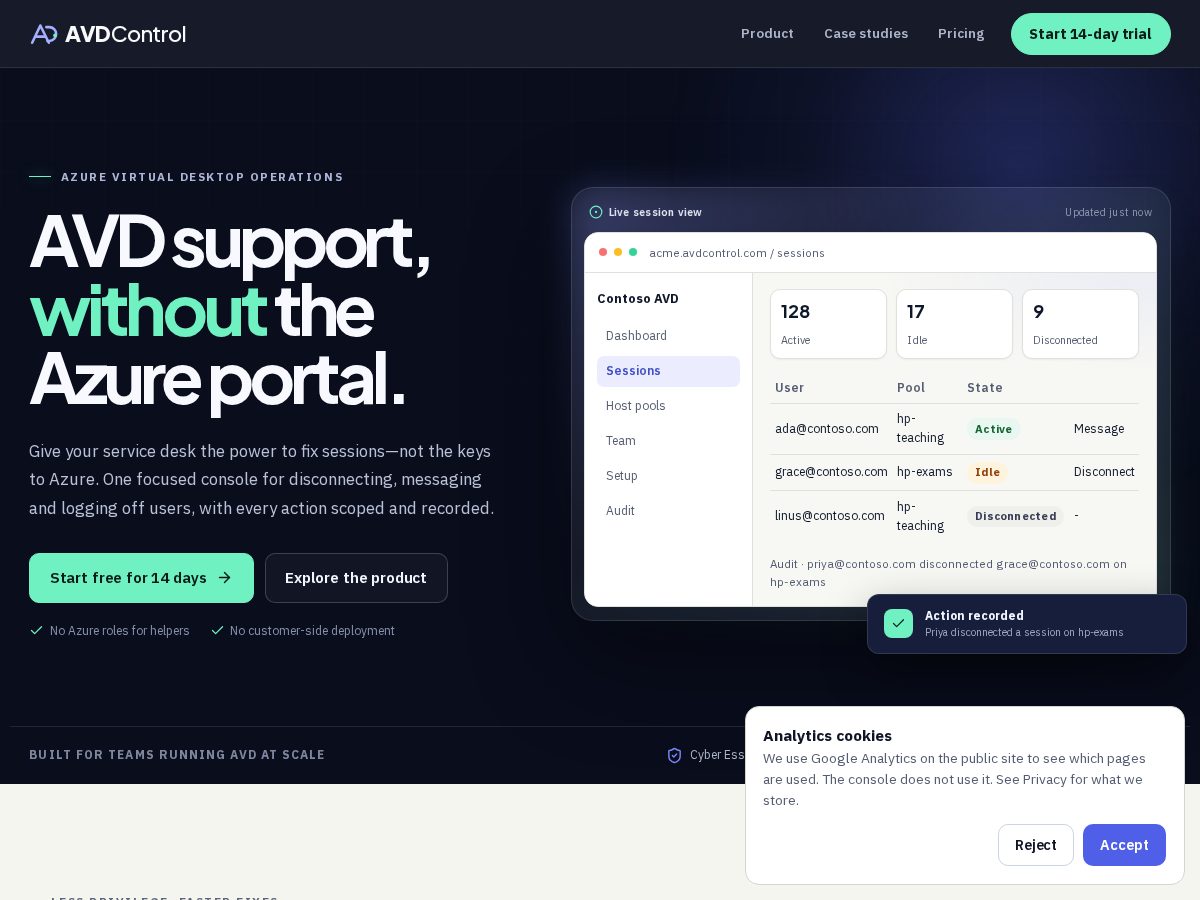Landing-page snapshot of avdcontrol.com