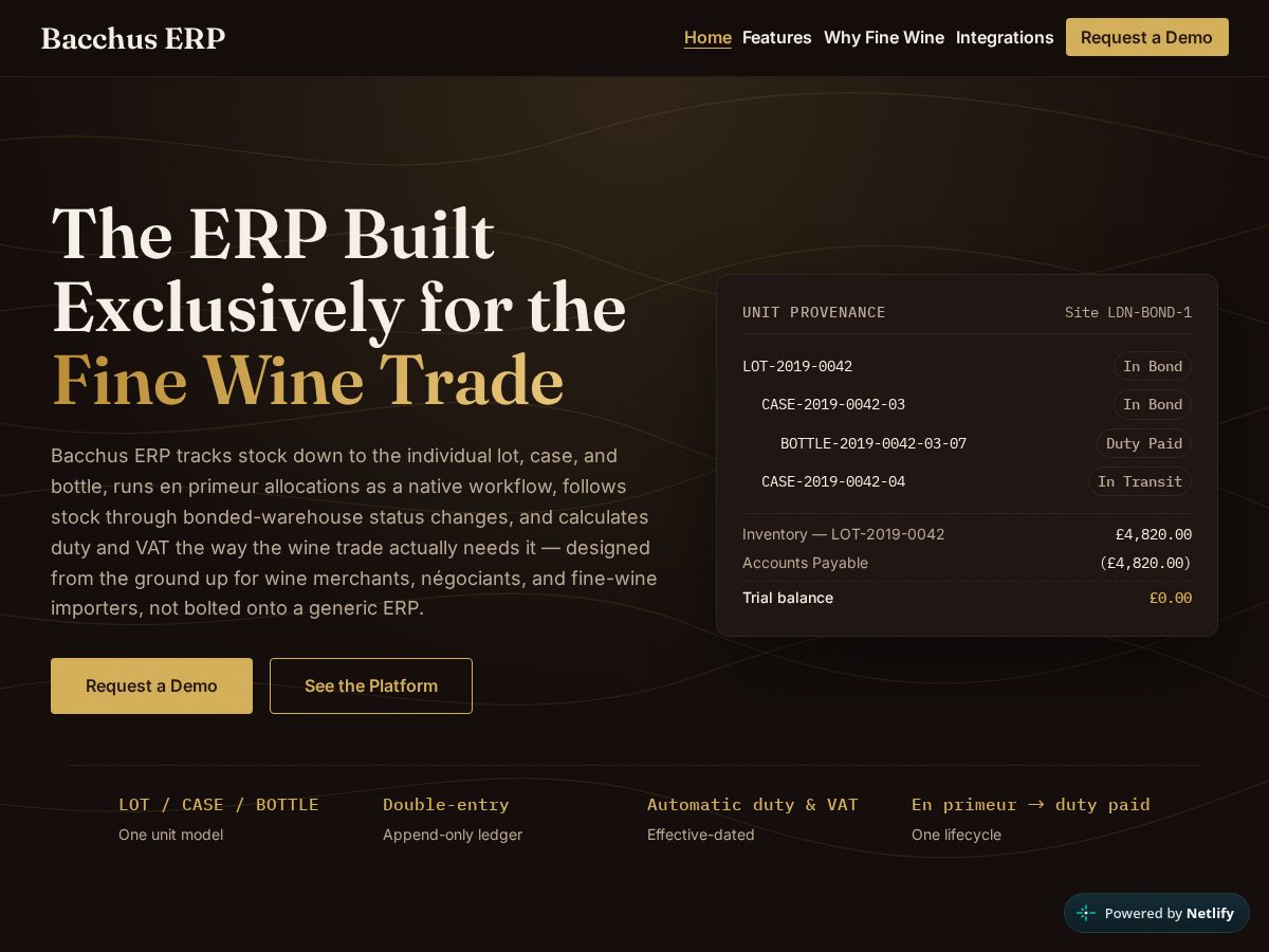 Landing-page snapshot of bacchus-erp.com