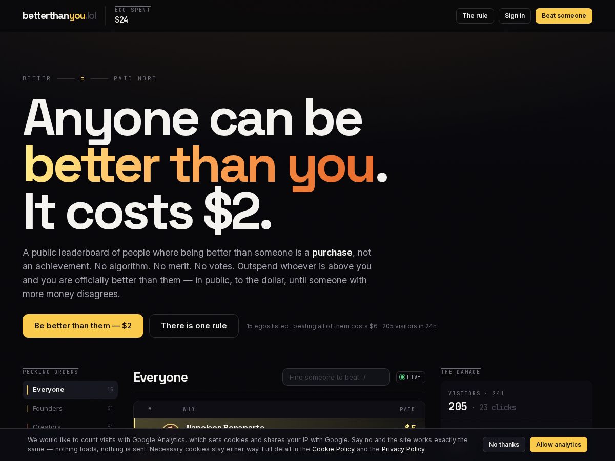 Landing-page snapshot of betterthanyou.lol