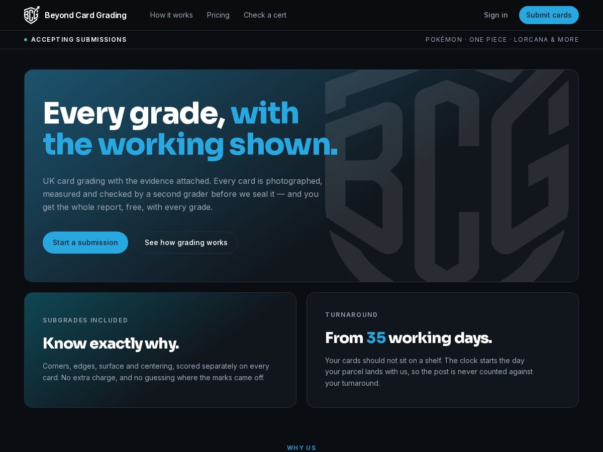 Landing-page snapshot of beyondcardgrading.com