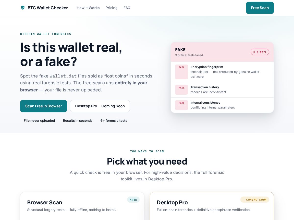 Landing-page snapshot of btcwalletchecker.com