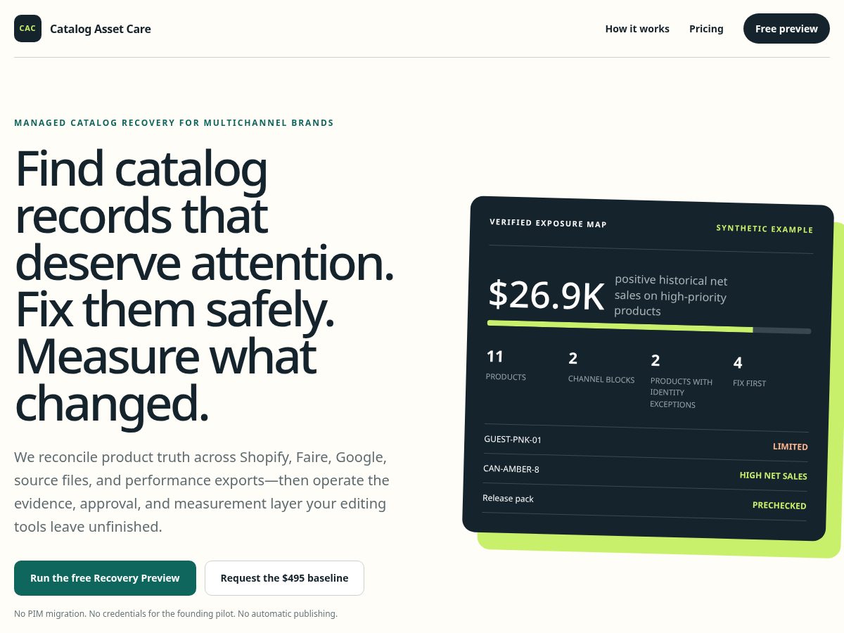 Landing-page snapshot of catalogassetcare.com