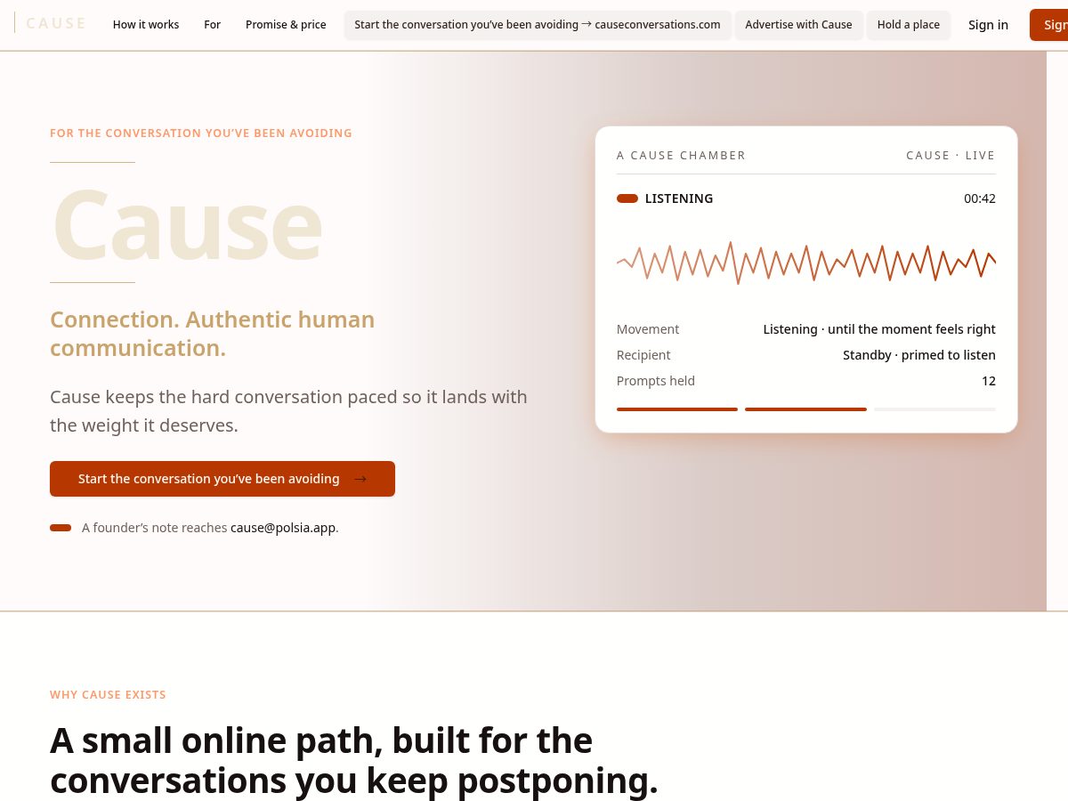Landing-page snapshot of causeconversations.com