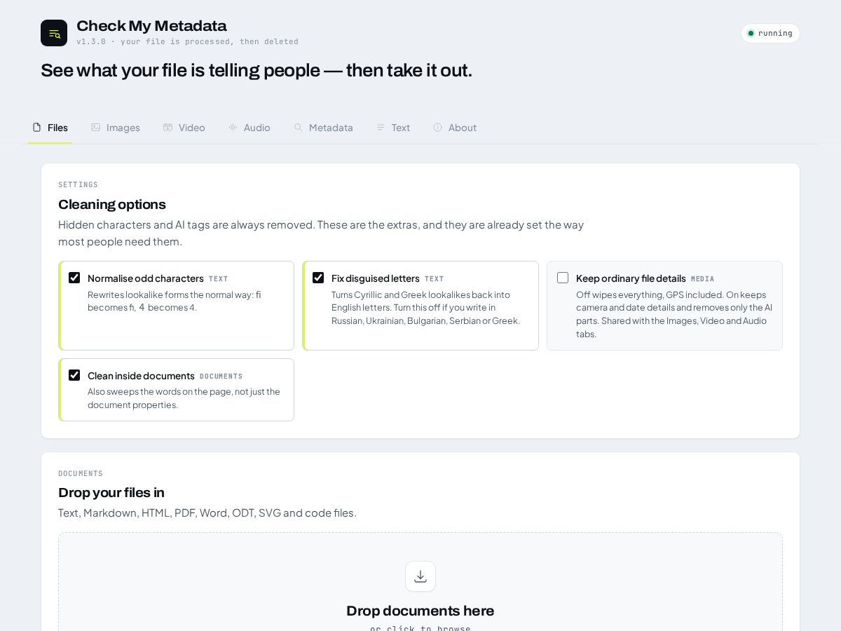 Landing-page snapshot of checkmymetadata.com