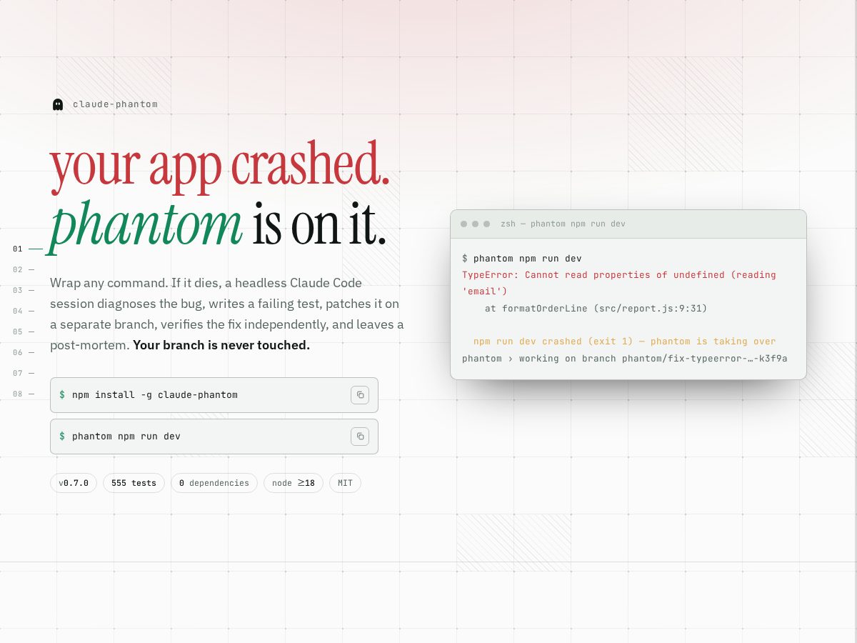 Landing-page snapshot of claudephantom.dev