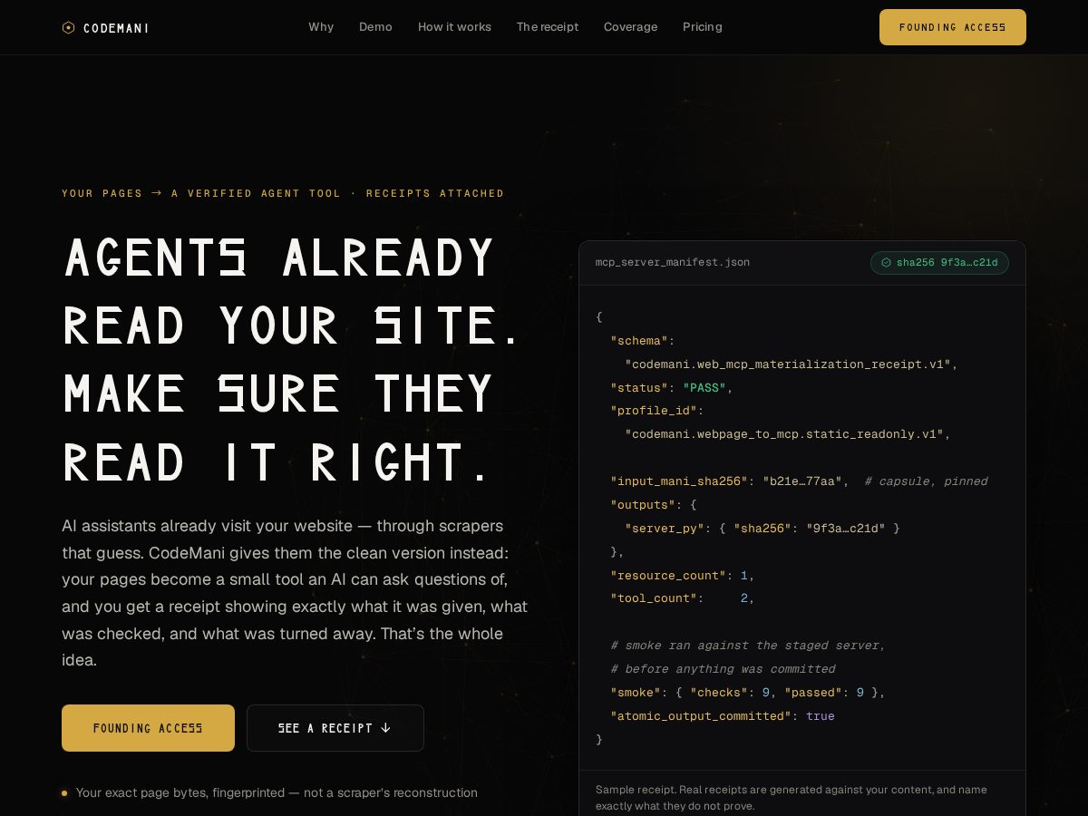 Landing-page snapshot of codemani.com