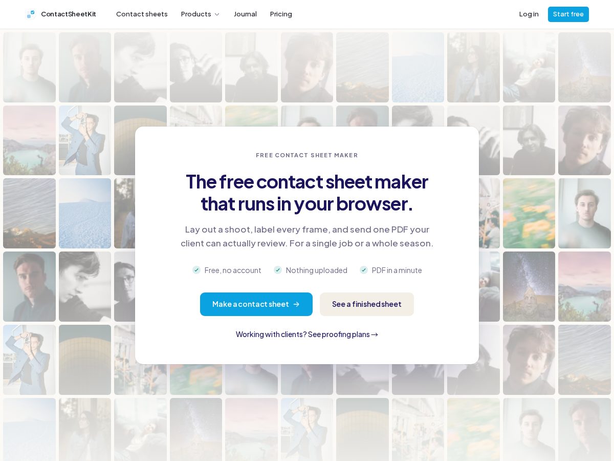 Landing-page snapshot of contactsheetkit.com