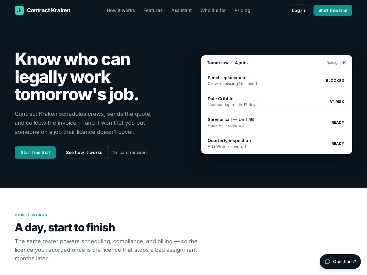 Landing-page snapshot of contractkraken.com