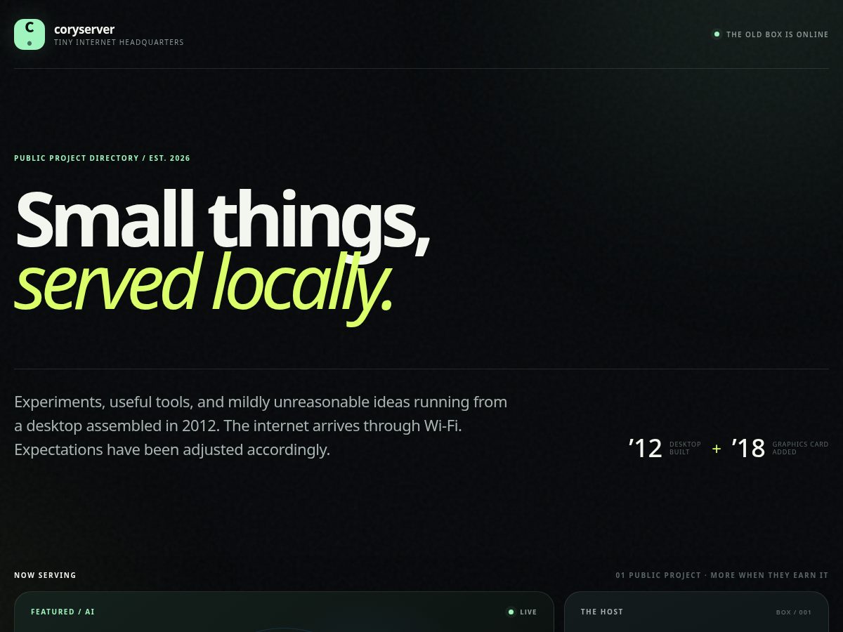 Landing-page snapshot of coryserver.com