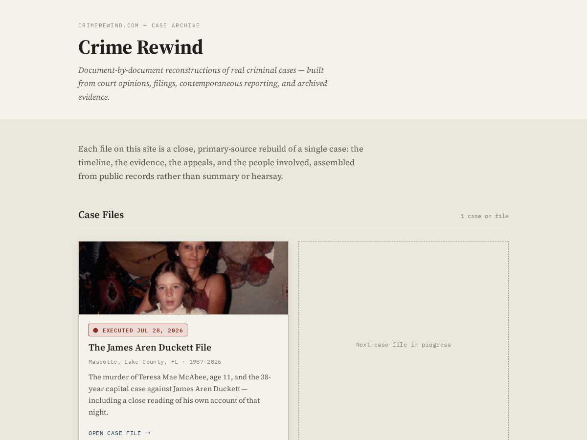 Landing-page snapshot of crimerewind.com