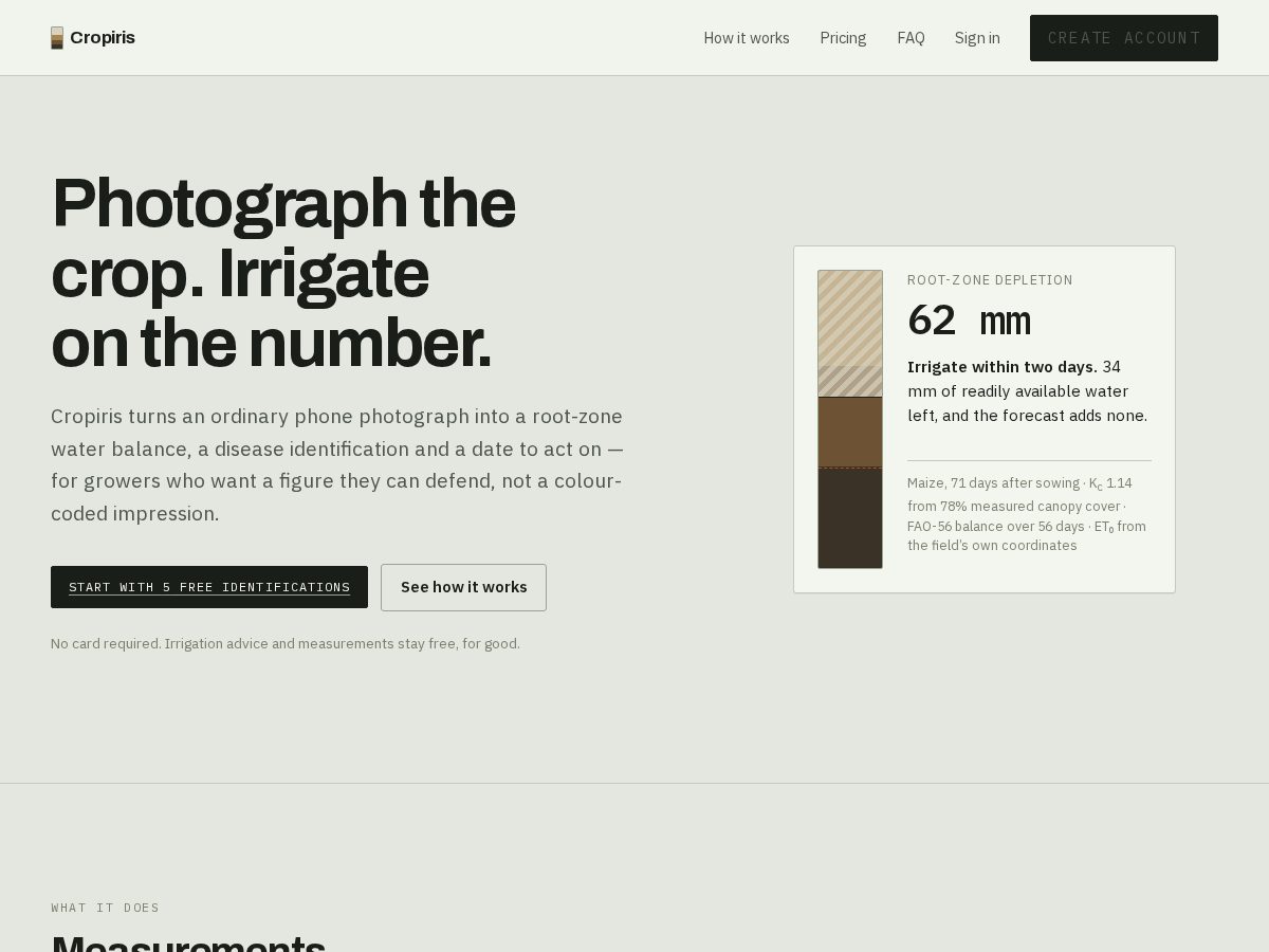 Landing-page snapshot of cropiris.com