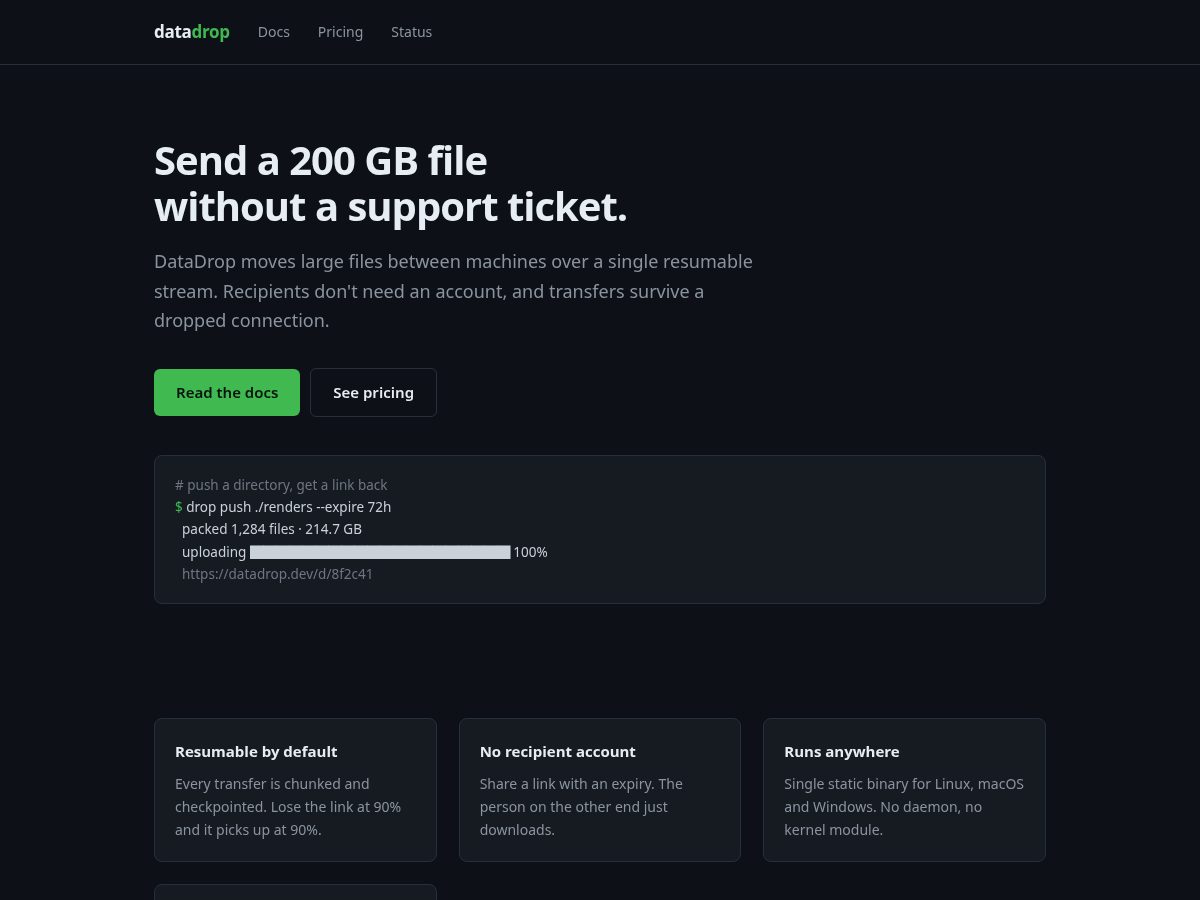Landing-page snapshot of datadrop.dev