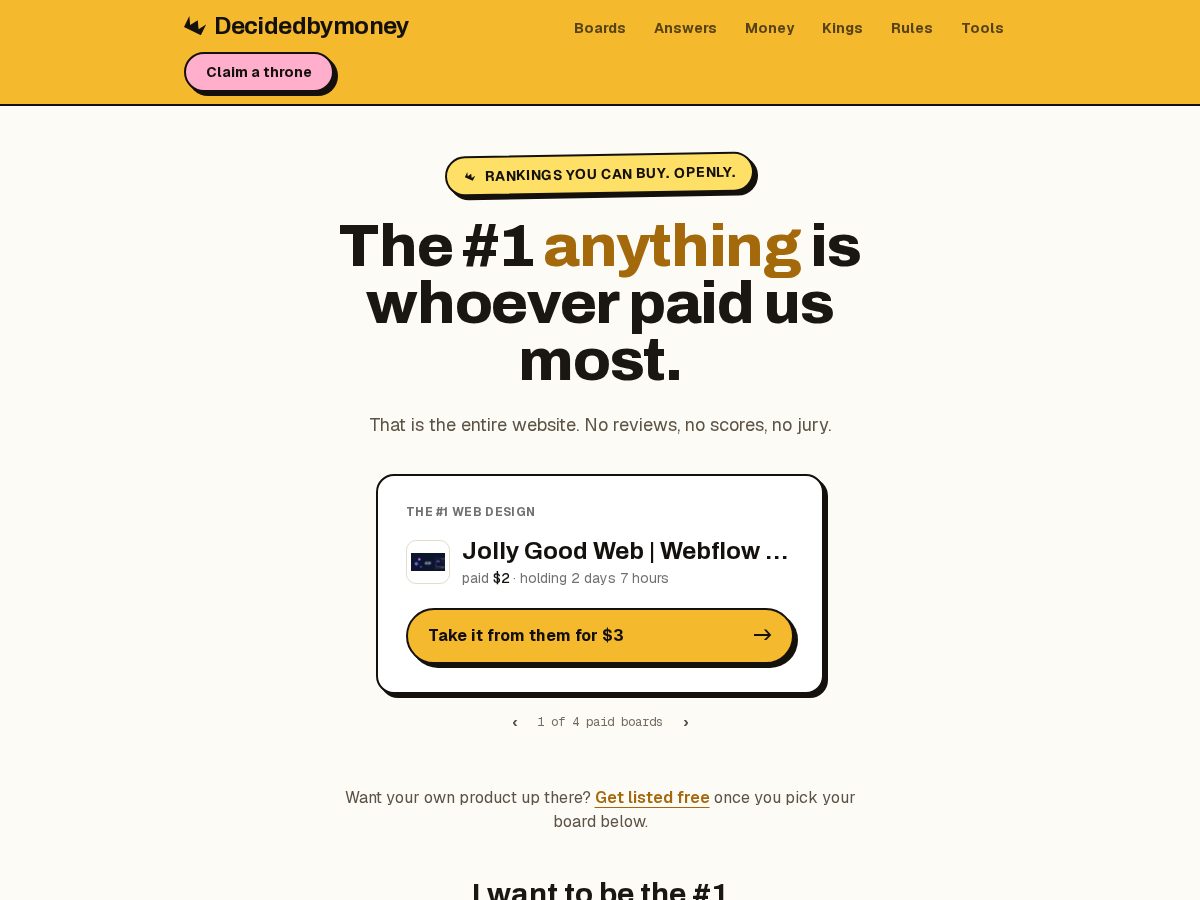Landing-page snapshot of decidedbymoney.lol