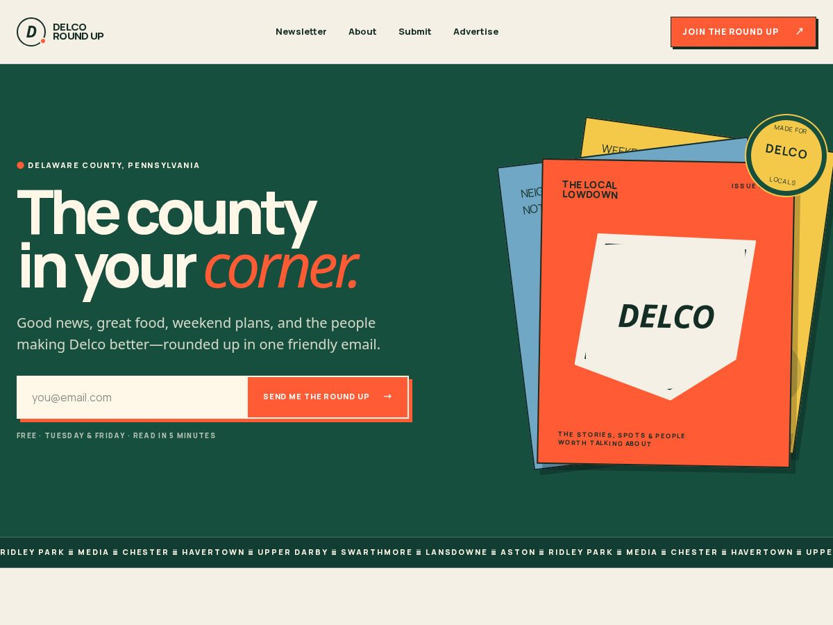 Landing-page snapshot of delcoroundup.com