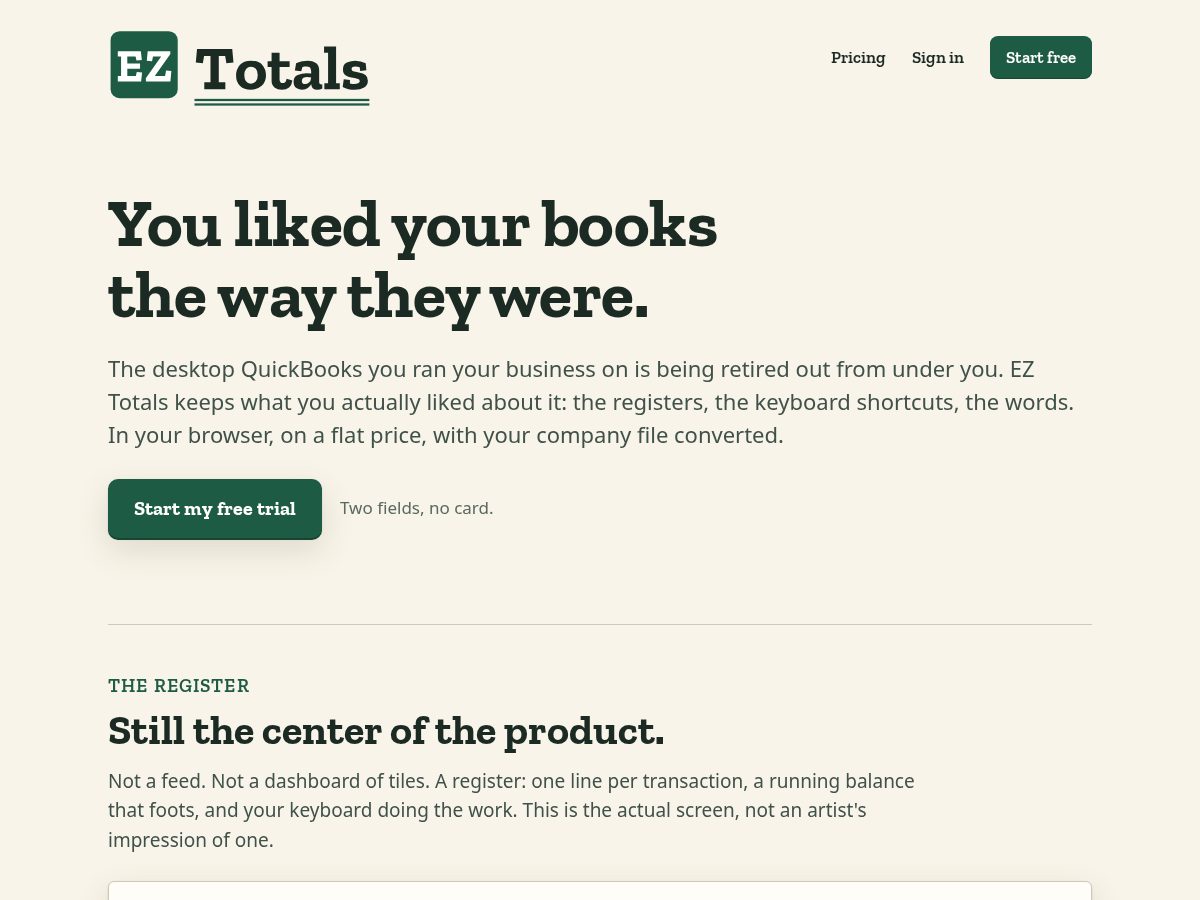 Landing-page snapshot of easytotals.com