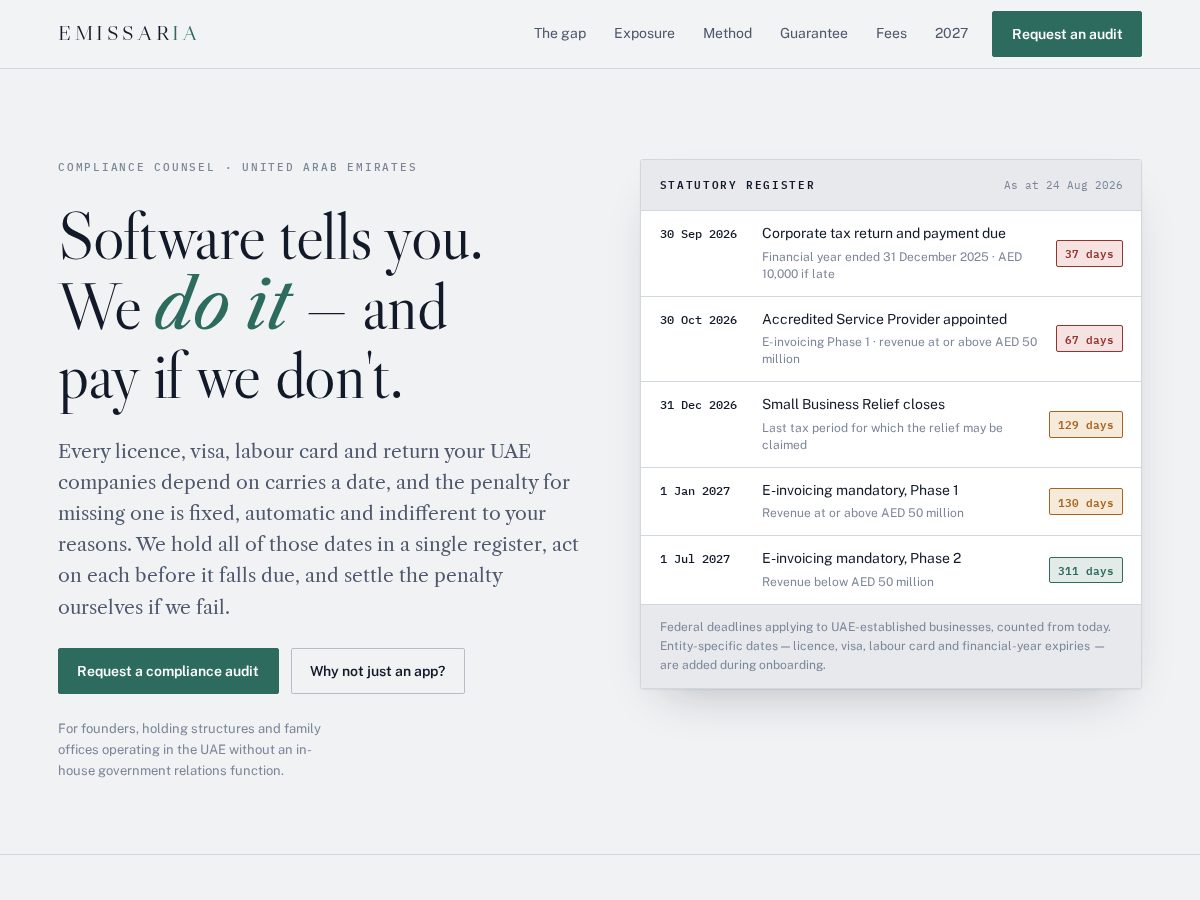 Landing-page snapshot of emissaria.com