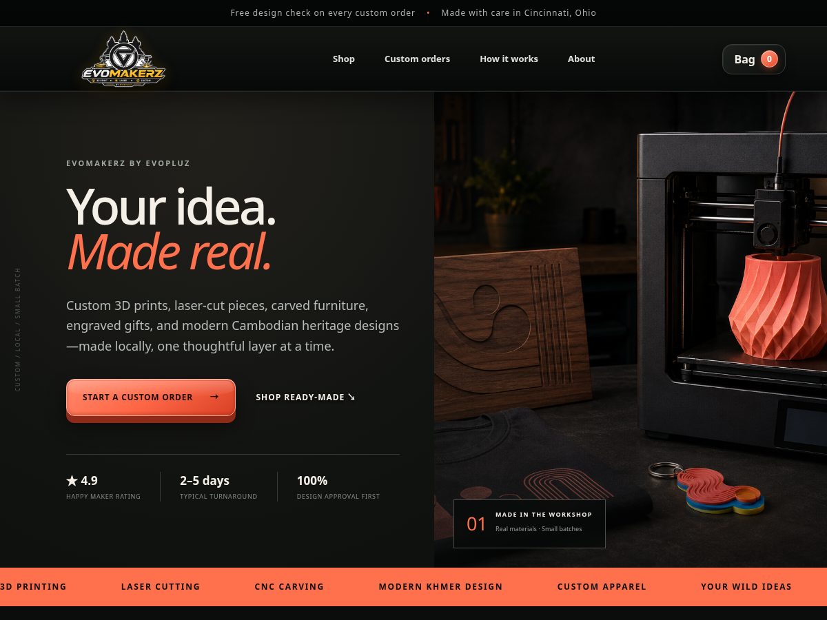 Landing-page snapshot of evomakerz.com
