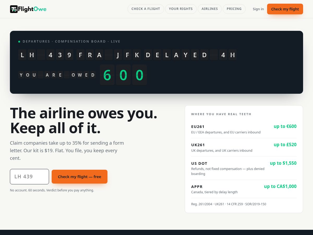 Landing-page snapshot of flightowe.com