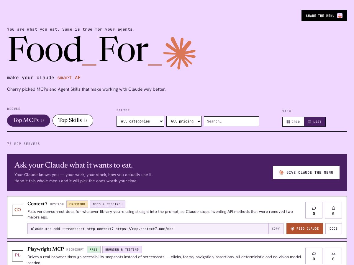 Landing-page snapshot of foodforclaude.com