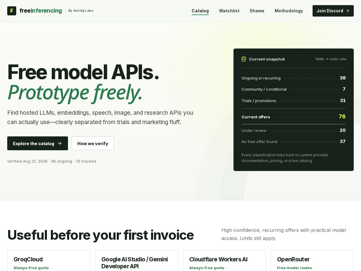 Landing-page snapshot of freeinferencing.com