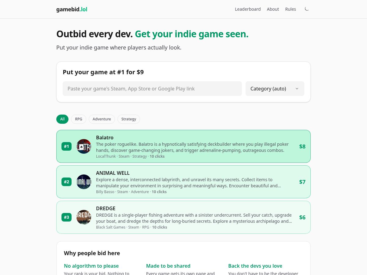 Landing-page snapshot of gamebid.lol