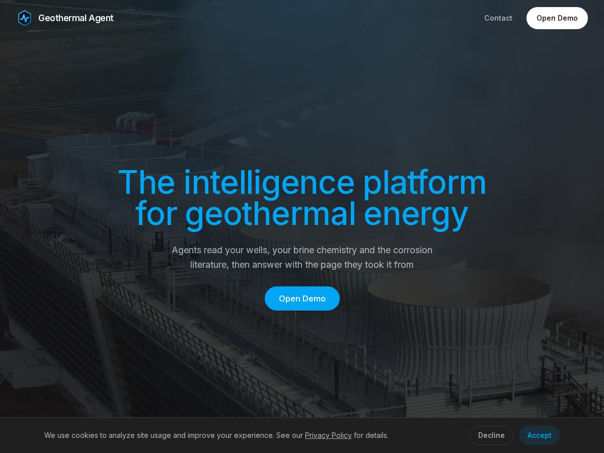 Landing-page snapshot of geoagent.energy