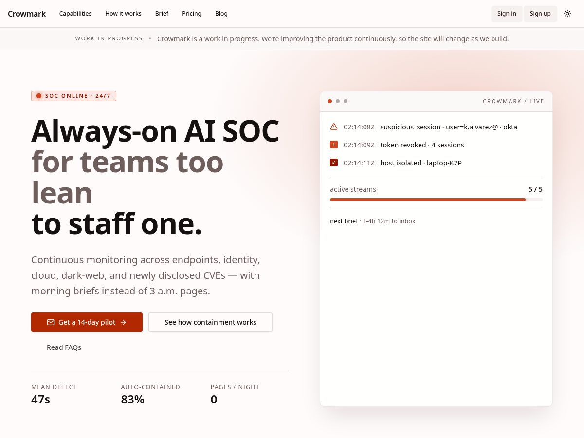 Landing-page snapshot of getcrowmark.com