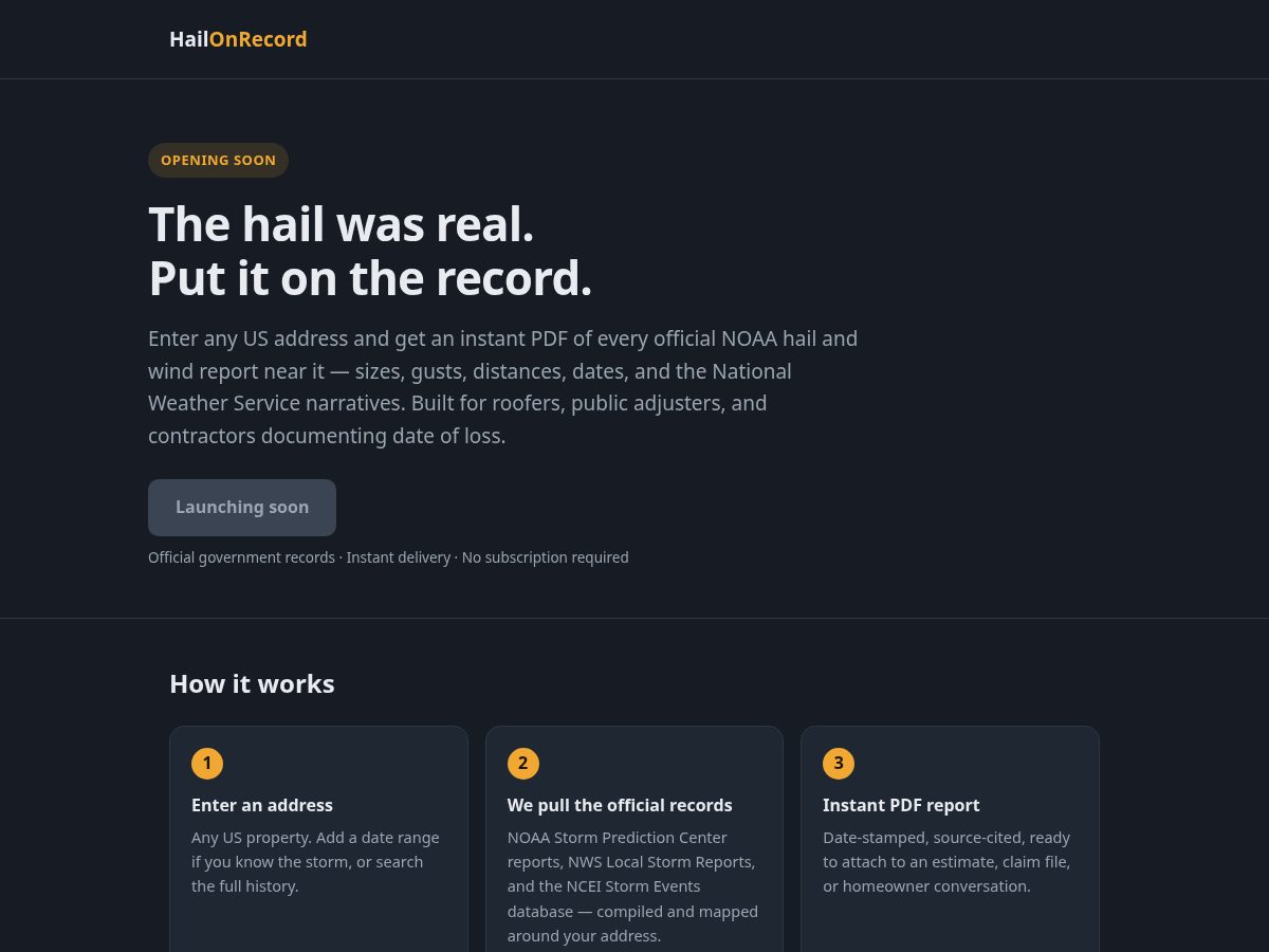 Landing-page snapshot of hailonrecord.com
