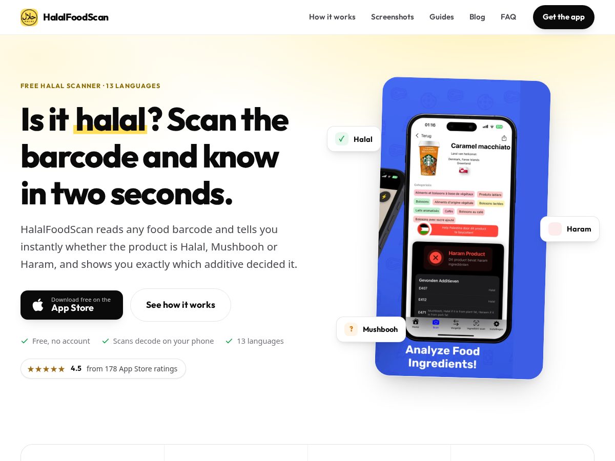Landing-page snapshot of halalfoodscan.com