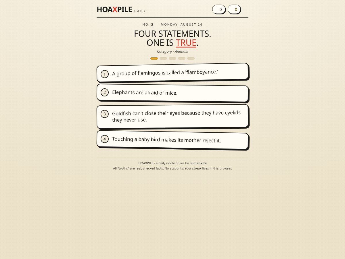 Landing-page snapshot of hoaxpile.com