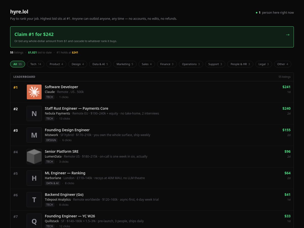 Landing-page snapshot of hyre.lol