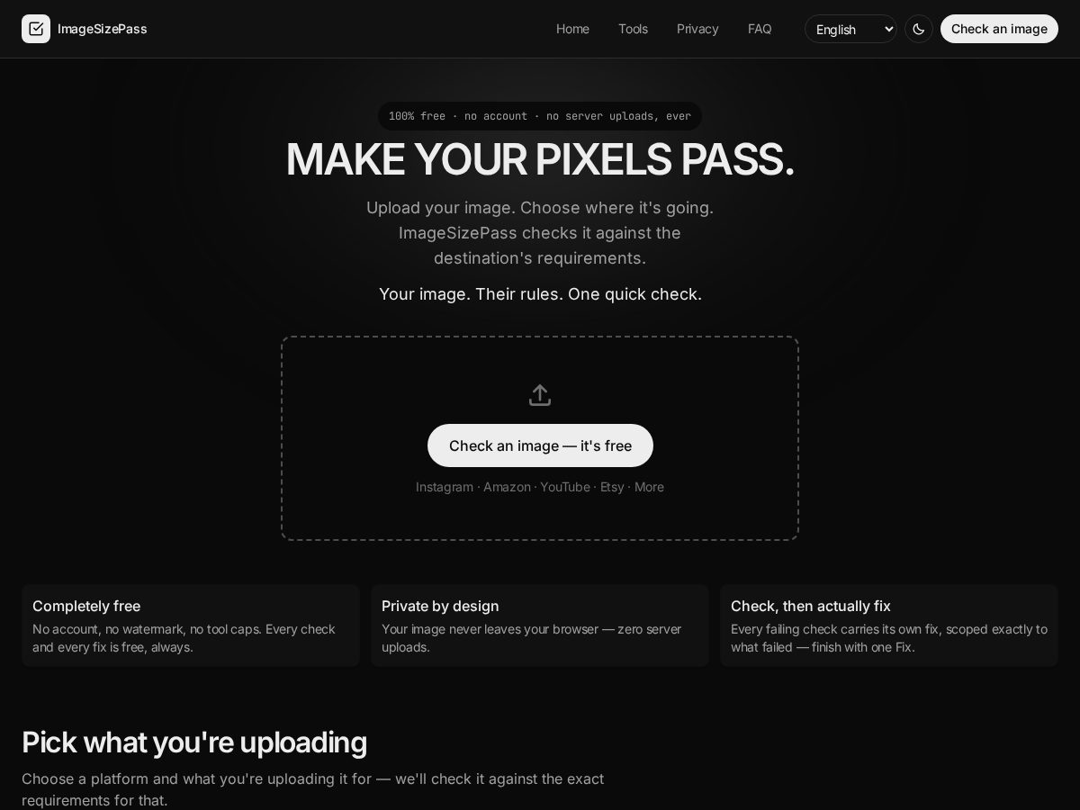 Landing-page snapshot of imagesizepass.com